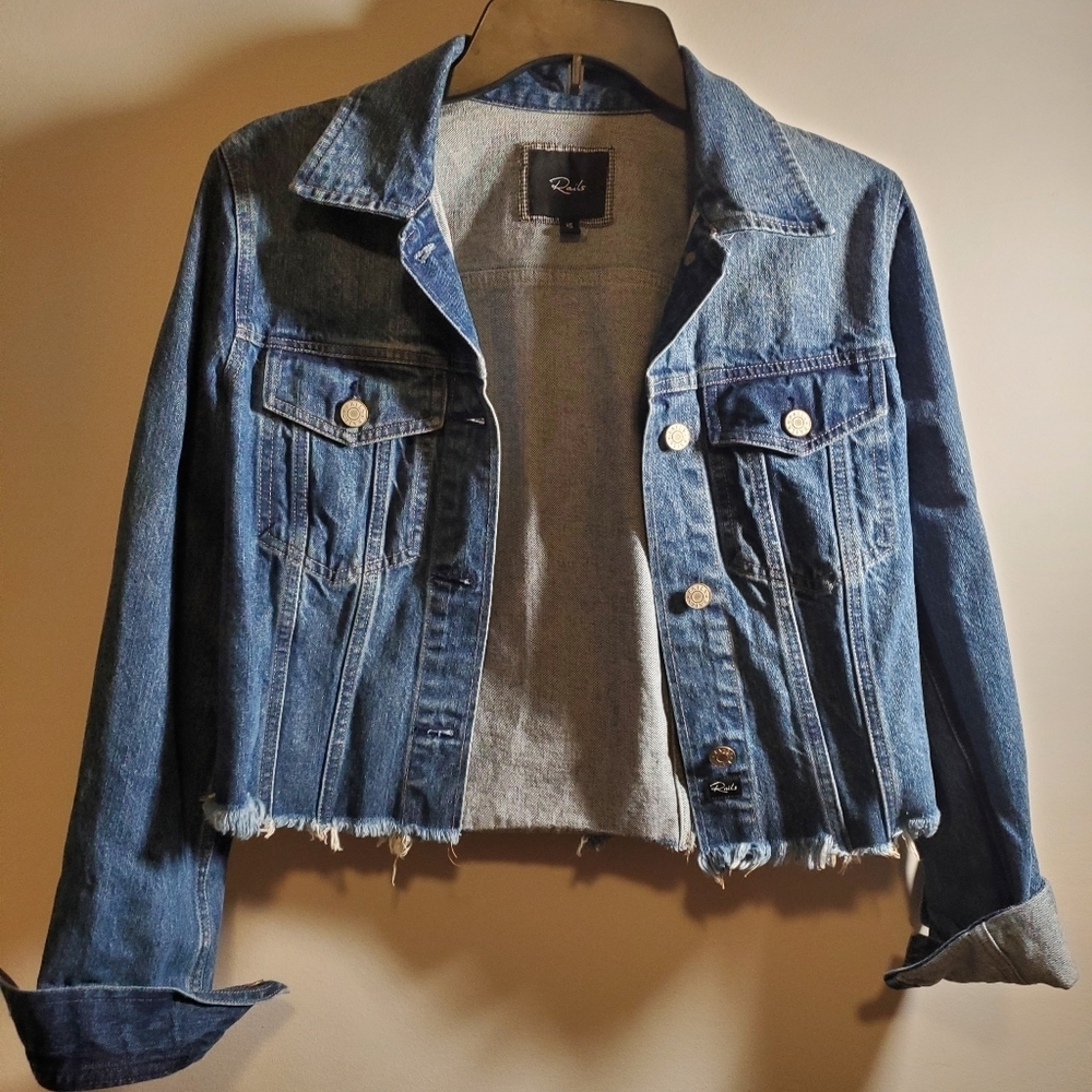 Rails Blue Denim Cropped Jacket Size XSmall Distressed Hem